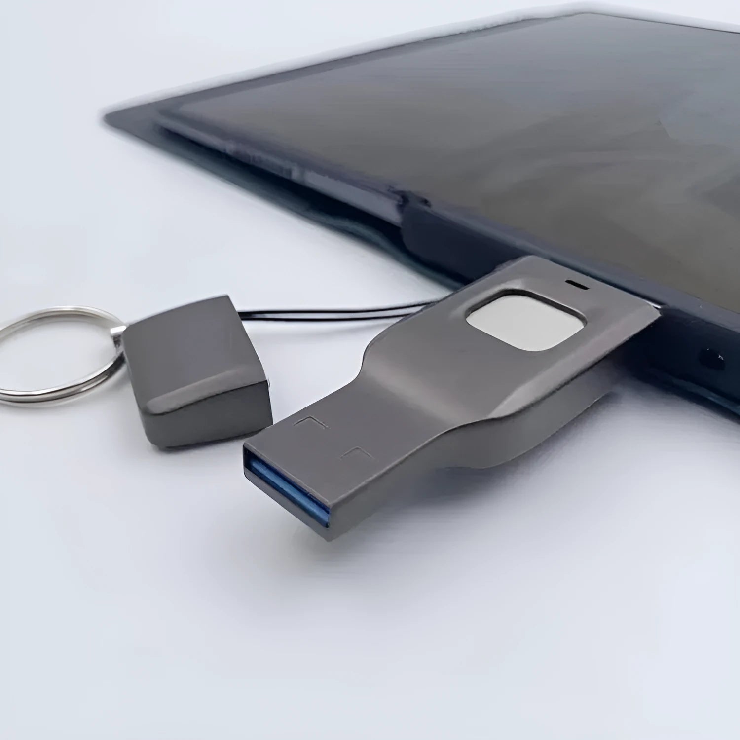 Black fingerprint encrypted USB flash drive showing USB 3.0 and Type-C interfaces on metal casing