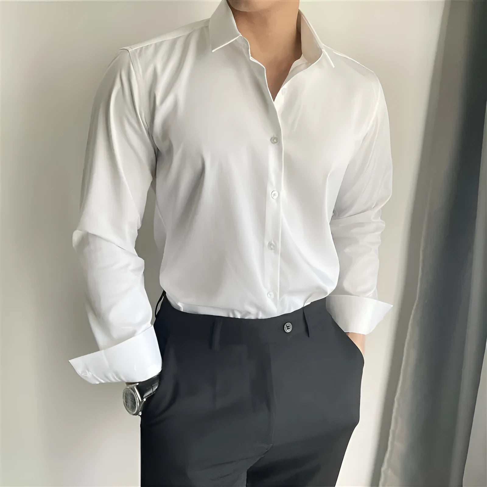 Men's Korean-style slim fit casual shirt in chemical fibre blend fabric available in white black and dark grey