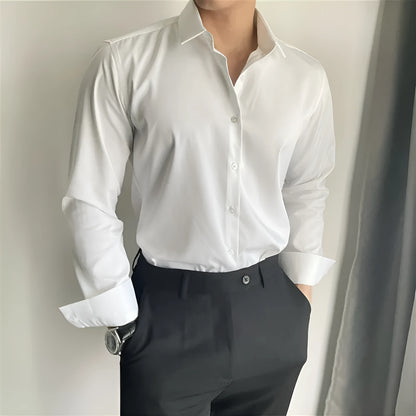 Men's Korean-style slim fit casual shirt in chemical fibre blend fabric available in white black and dark grey