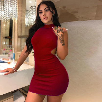 A high-neck cocktail dress with a unique cutout detail at the back, available in a variety of vibrant colors