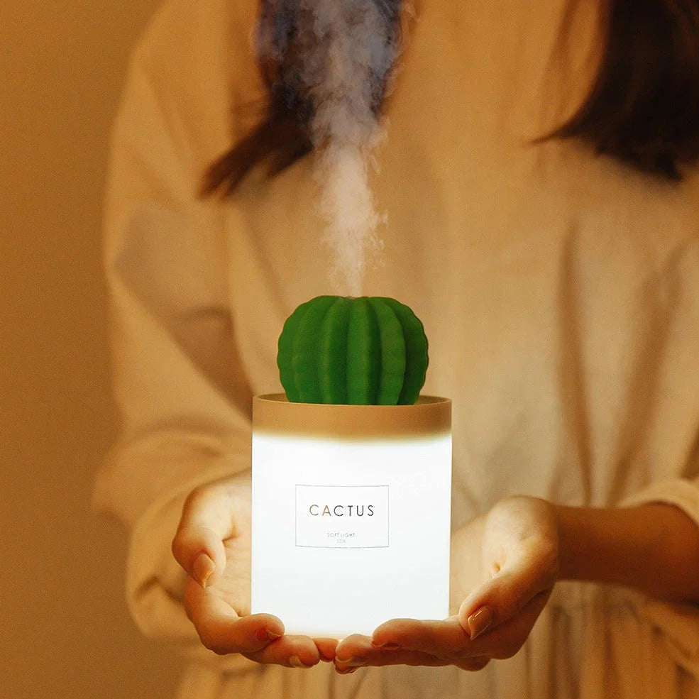 White cactus-shaped ultrasonic humidifier with 280ml tank and soft LED light, USB powered for home aroma diffusion