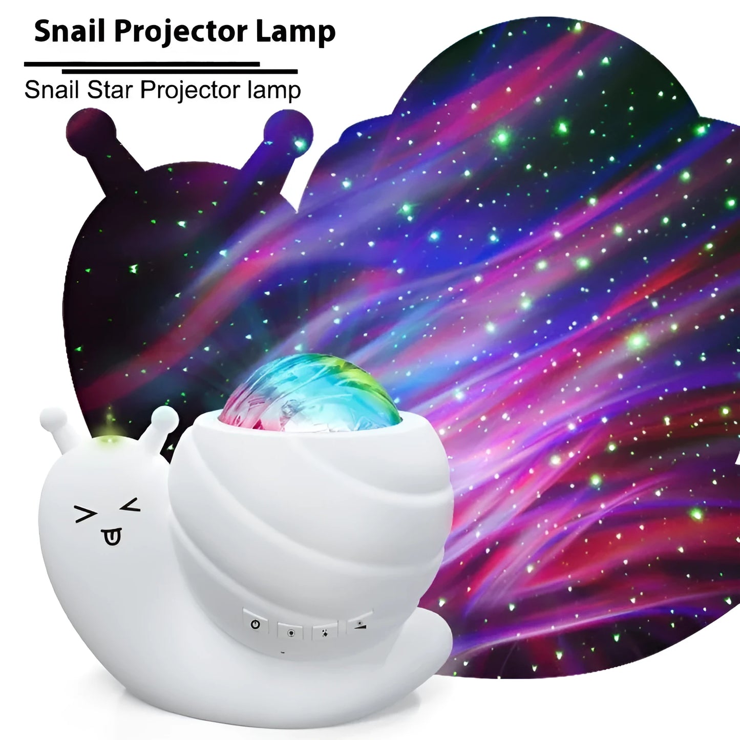 Snail-shaped starry sky projection lamp in blue with remote control on a table