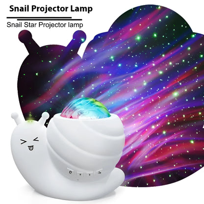 Snail-shaped starry sky projection lamp in blue with remote control on a table