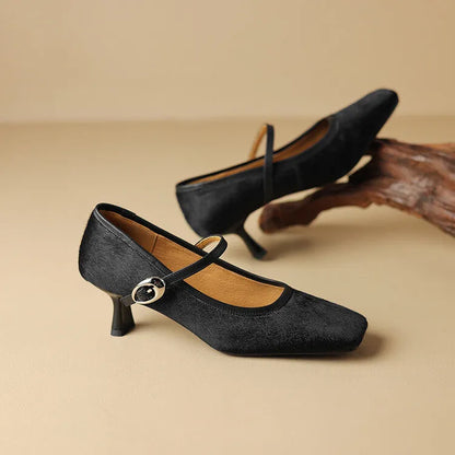 Women's black square toe stiletto ankle-strap shoes with horse hair upper and buckle fastening