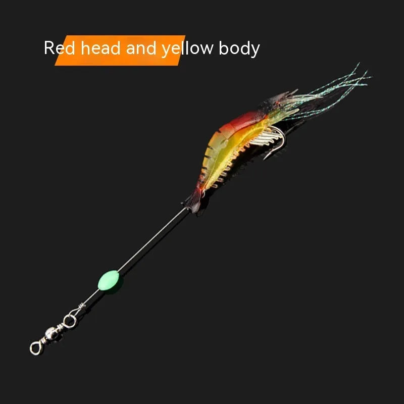 Six soft plastic fishing lures with hooks in various colours including luminous patterns