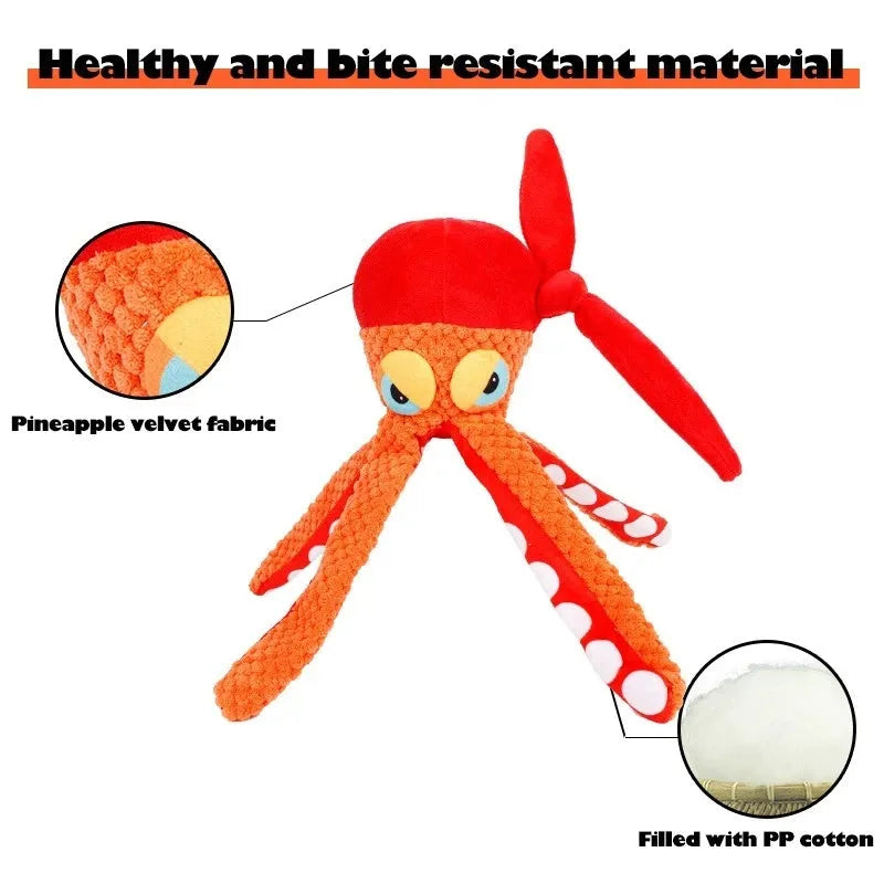 Orange plush octopus dog toy with textured tentacles for dental cleaning and squeaker inside