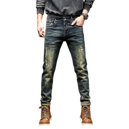 Men's skinny fit jeans in retro colour with stretch denim fabric and zip fly, sizes 28-38