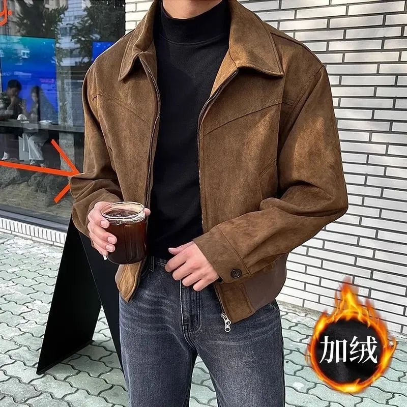 Loose lapel short suede jacket in brown or black, Hong Kong style, unhooded, sizes M to 2XL