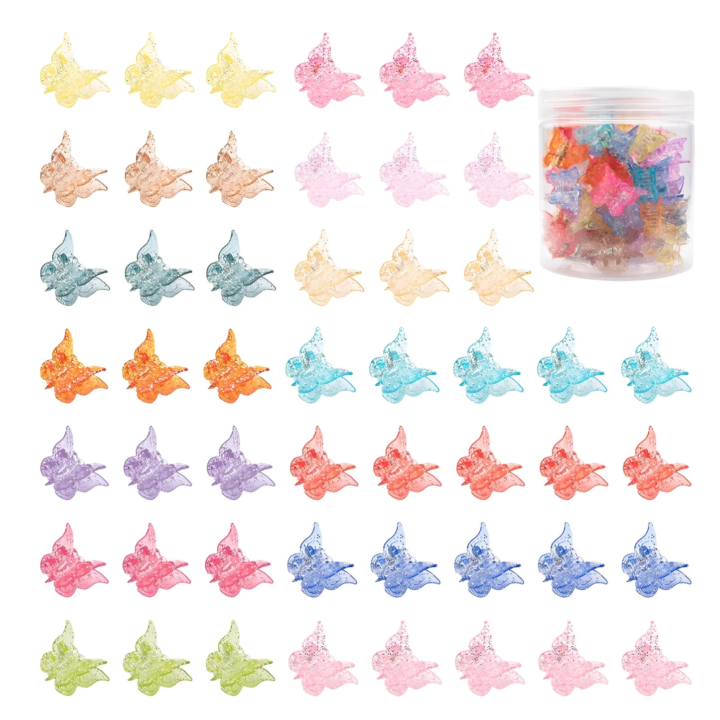 50 glitter butterfly hair claw clips in assorted colours on a white background.