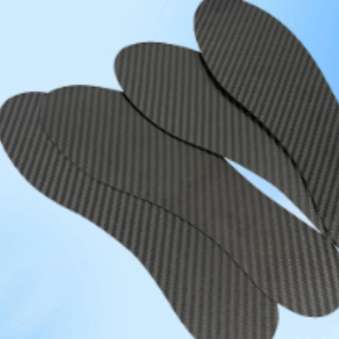 Black 3K carbon fibre full palm running insole showing texture, with size and thickness options displayed.