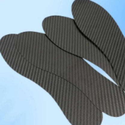 Black 3K carbon fibre full palm running insole showing texture, with size and thickness options displayed.