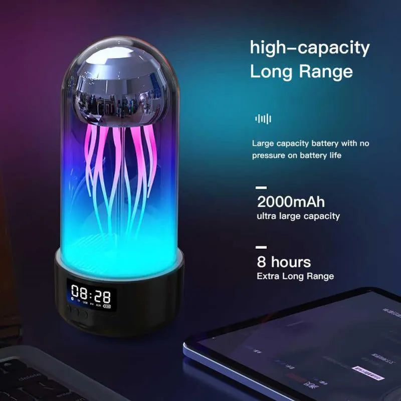Colourful jellyfish-themed Bluetooth speaker with LED clock display showing time and battery level