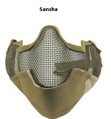 Carbon steel net protective face mask in camouflage pattern for outdoor field use.