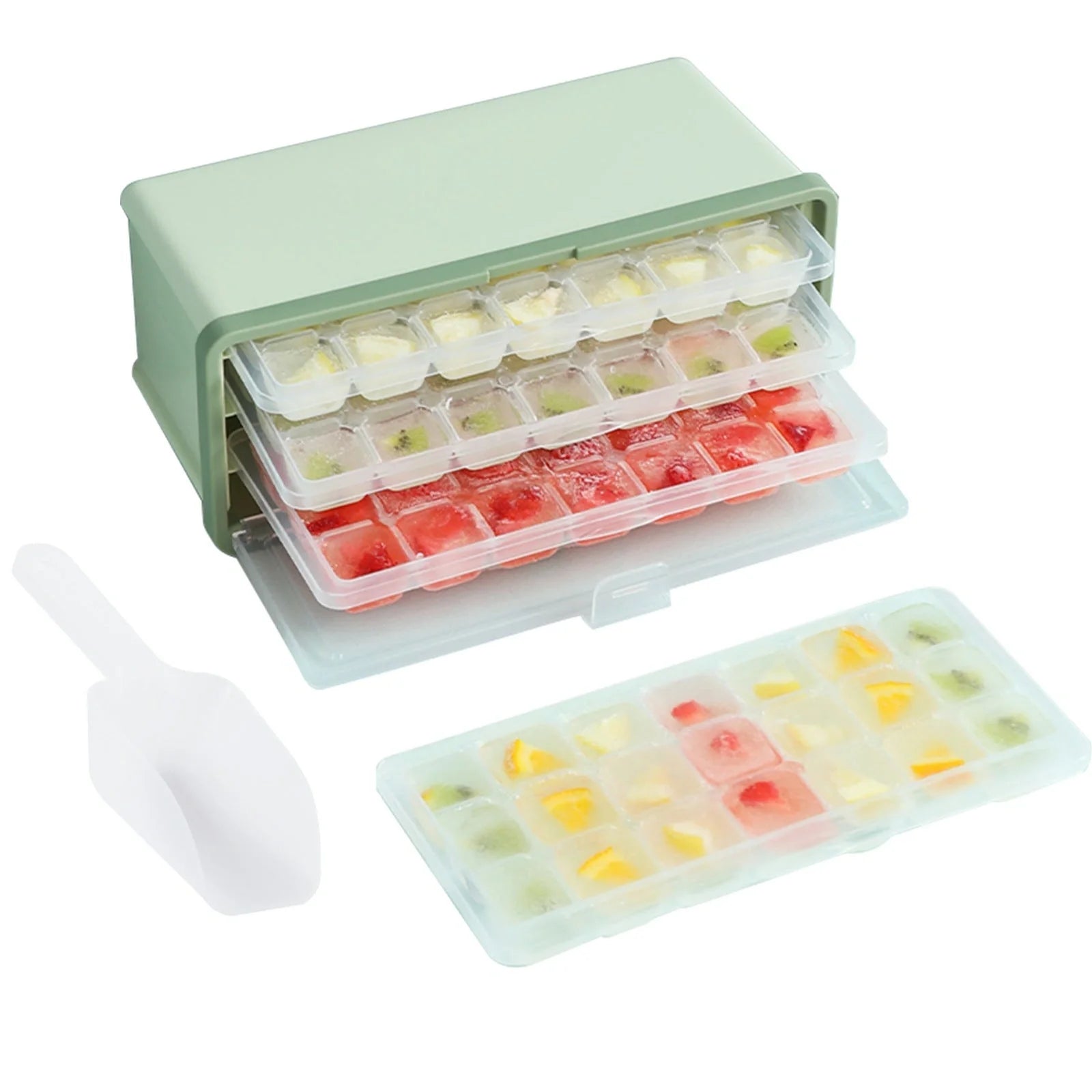Drawer-type plastic ice cube mold maker with lid and bin for beer cooling