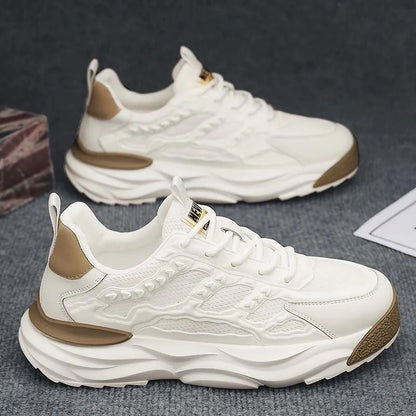 Men's solid colour breathable mesh casual shoes with round toe, shown in white and black.