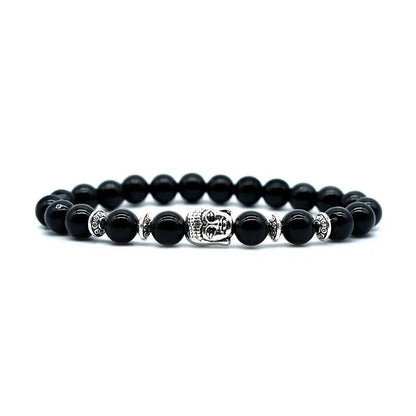 Unisex amethyst bracelet with a detailed Buddha head charm in one of five gemstone colours.