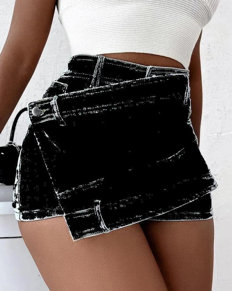 Stylish Y2K denim shorts with asymmetrical hem, available in dark blue, light blue, grey, and black colors in sizes S-5XL