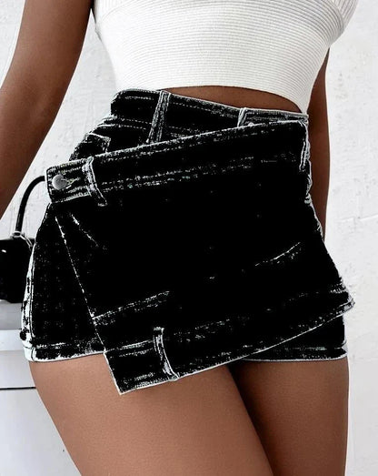 Stylish Y2K denim shorts with asymmetrical hem, available in dark blue, light blue, grey, and black colors in sizes S-5XL
