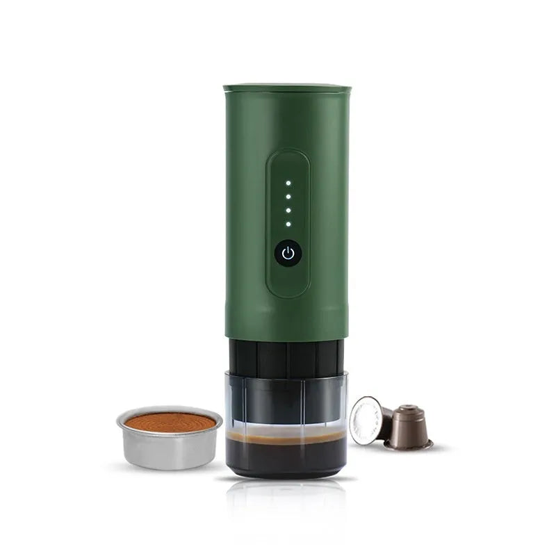 Portable stainless steel coffee machine with car charger power cord in Jungle Green colour.