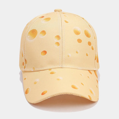 Cheese pattern printed adjustable baseball cap with dome crown and polyester construction