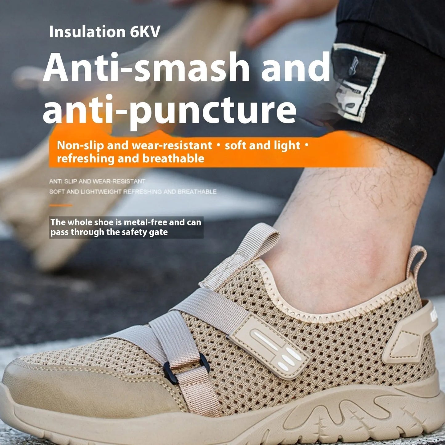Men's grey anti-smash work safety shoes with flying woven upper and rubber sole
