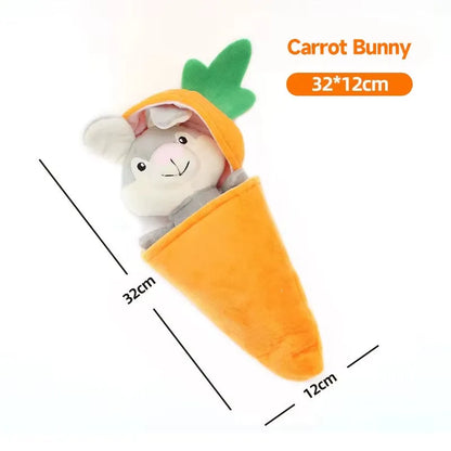 Interactive squeaky dog toy for puppies and small breeds in a choice of Banana Monkey, Carrot Rabbit, Durian, or Pea shape