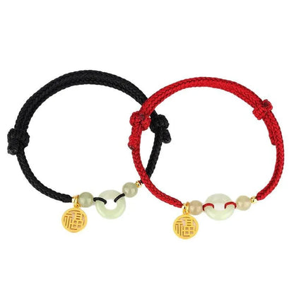 Silver geometric Hetian Jade peace buckle bracelet with carrying strap in black or wine red