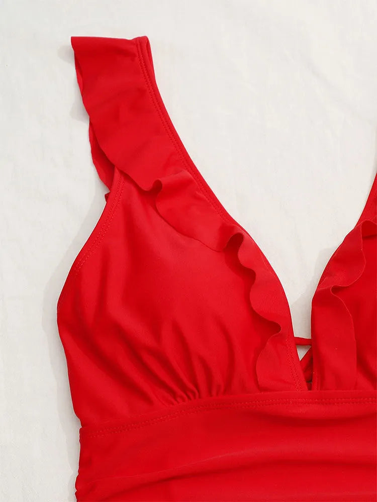 Women's one-piece swimsuit with lace V-neck, solid colour, white or red, sizes S to XL
