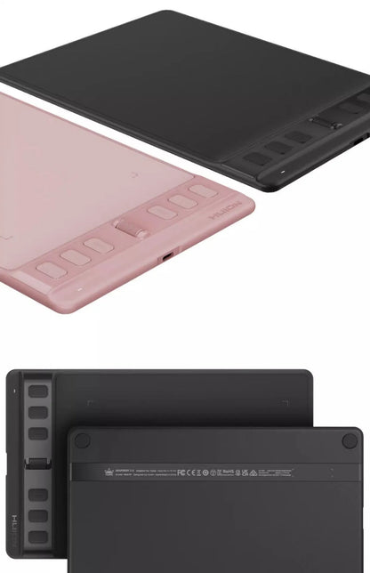 Hua Wang H641P black drawing tablet with PW110 digital pen on wooden desk
