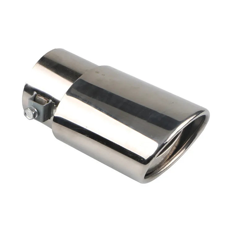 Stainless steel car exhaust tailpipe in baked blue finish, showing straight and curved outlet options.