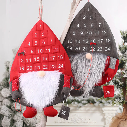 Hanging Christmas advent calendar with Santa Claus faceless doll, 24 numbered pockets in red or grey non-woven fabric, 60cm height for wall decor