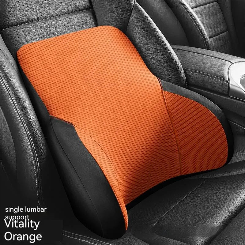 Memory foam car lumbar support pillow and matching headrest in knitted fabric with latex filler