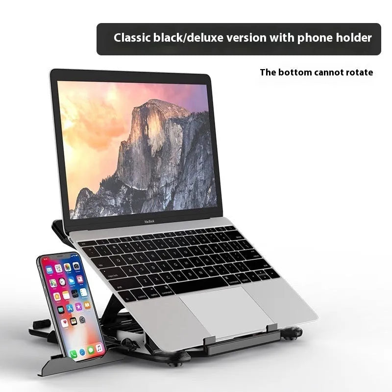 Black and white ABS plastic laptop bracket stand on a desk, showing its 300mm width and low 22mm profile.