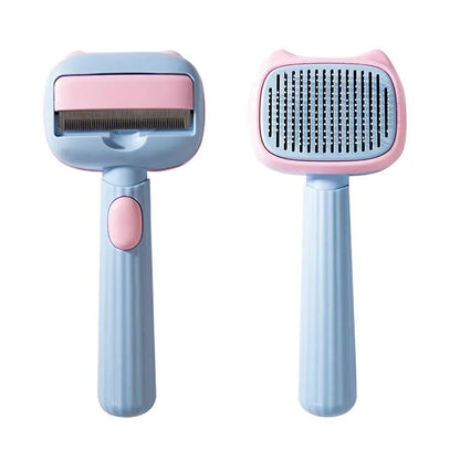 Blue and green double-sided pet grooming brush with deshedding rake and dematting comb on a white background.