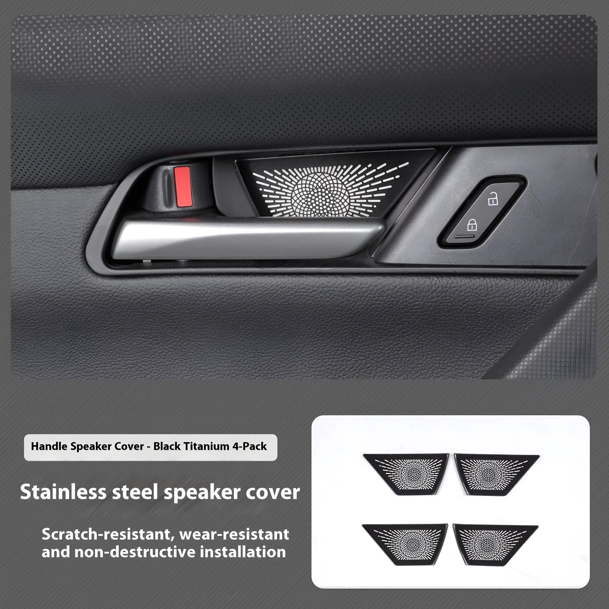 Stainless steel horn cover for Mazda CX50 with adhesive backing, shown in Black Titanium or Silver Titanium finish