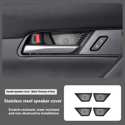 Stainless steel horn cover for Mazda CX50 with adhesive backing, shown in Black Titanium or Silver Titanium finish