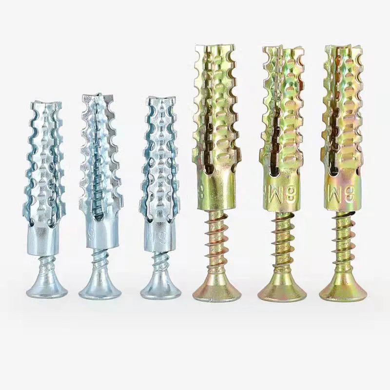 Barbed serrated metal expansion screw anchor for brick and concrete walls in various sizes.