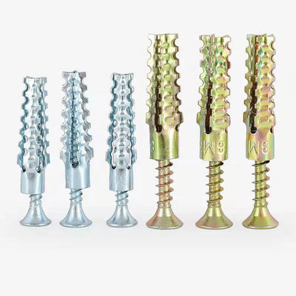 Barbed serrated metal expansion screw anchor for brick and concrete walls in various sizes.
