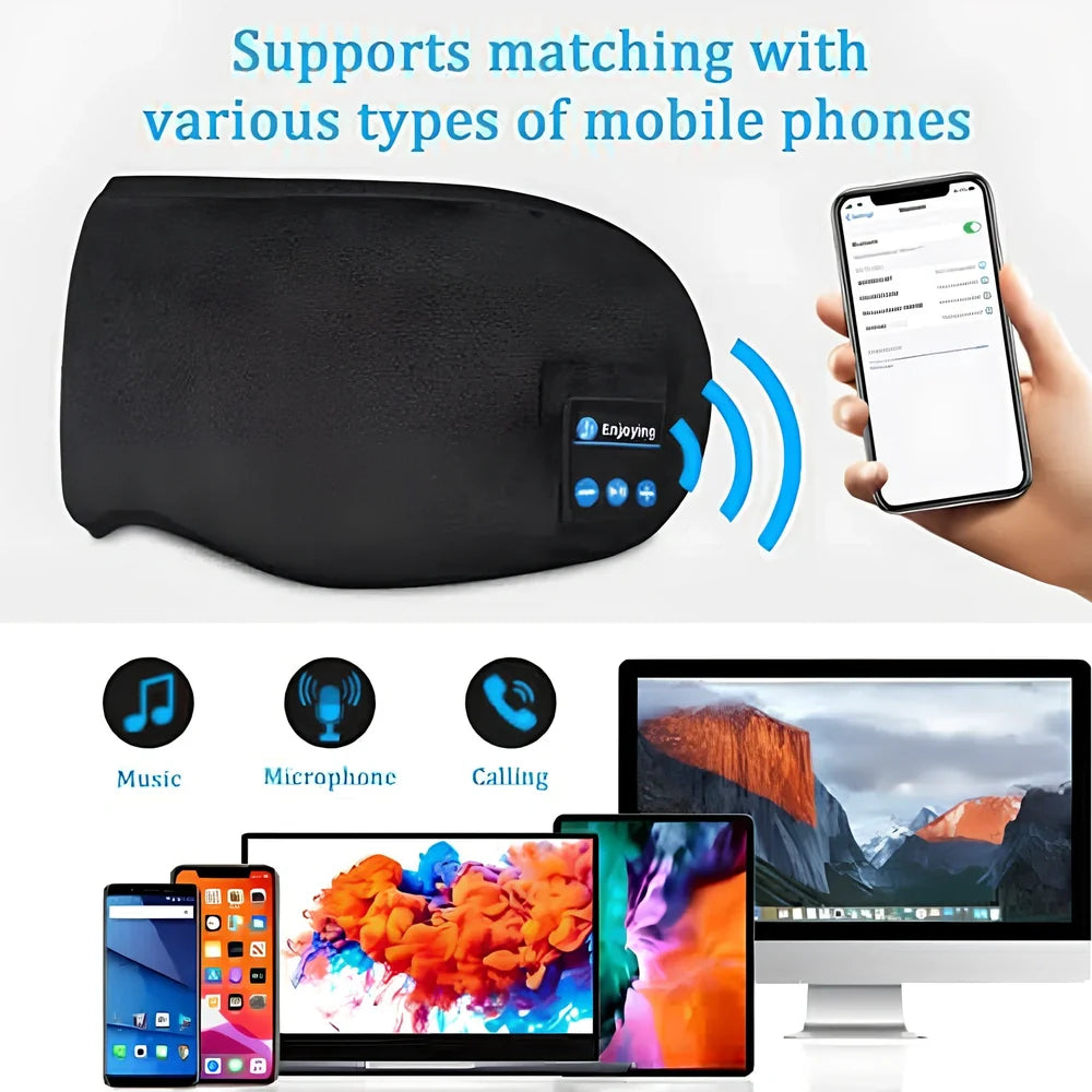 Black Bluetooth eye mask with memory foam padding and adjustable headband for light blocking and audio