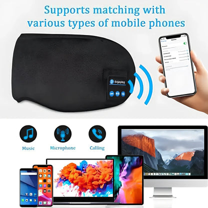 Black Bluetooth eye mask with memory foam padding and adjustable headband for light blocking and audio