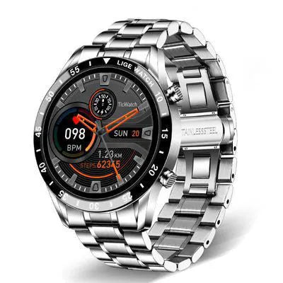 Stainless steel smart watch with black strap and 1.3-inch touch screen display.