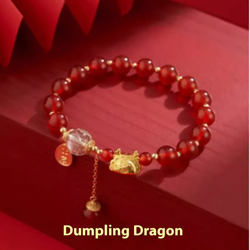 Hetian jade and red agate Chinese style bracelet with dragon zodiac design