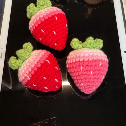 Finished soft plush strawberry pendant keychain in red and pink colour options
