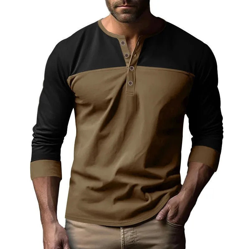 Long-sleeve henley collar casual shirt in solid colour, shown in available sizes and colours.
