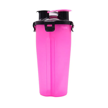 White portable pet water and food cup with separate compartments, shown with blue lid.