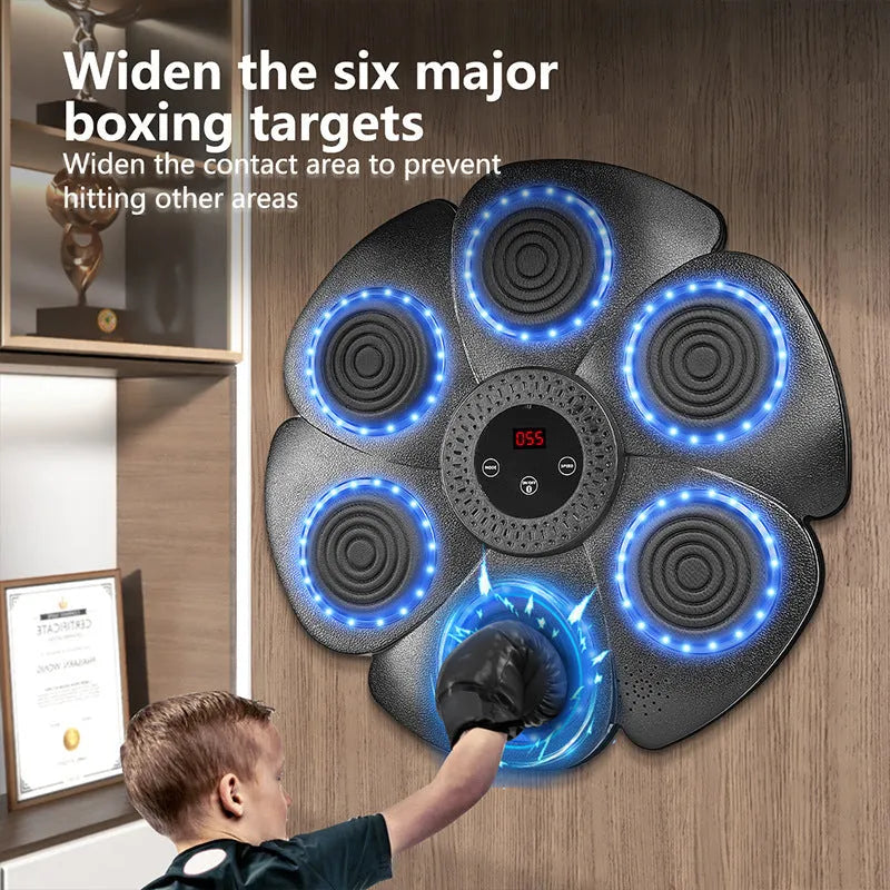 Black smart boxing wall target with LED lights, includes half-finger boxing gloves and charging cable for indoor training