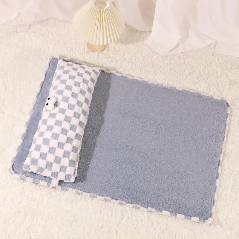 Grey and yellow universal pet cushion shown in four sizes: small, medium, large, and extra-large for cats and dogs.