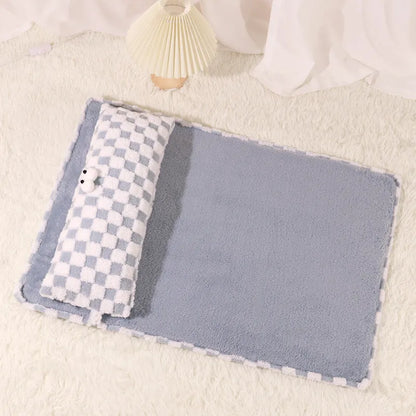 Grey and yellow universal pet cushion shown in four sizes: small, medium, large, and extra-large for cats and dogs.