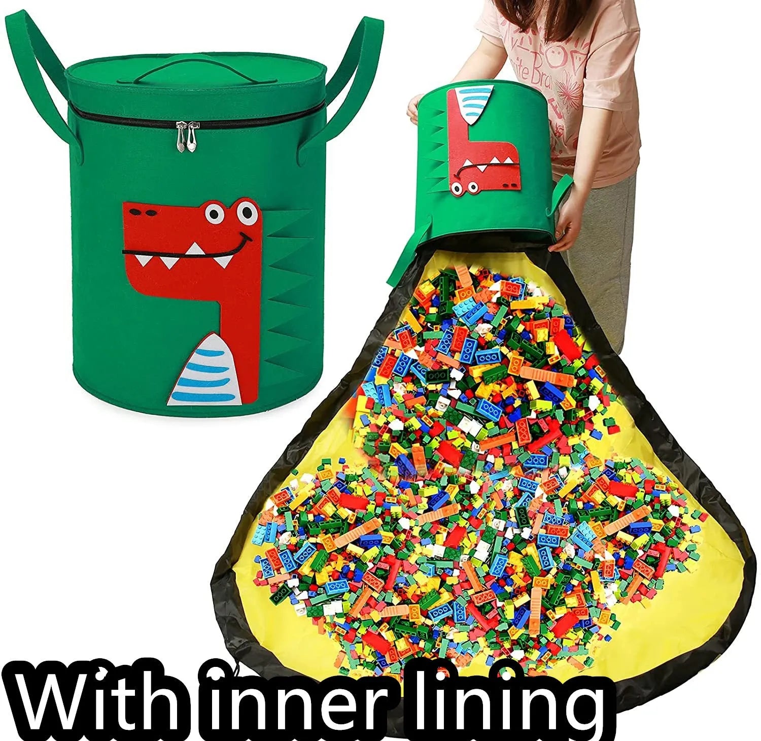 Green felt storage cube with pull rope, unfolded flat as a square play mat next to toys.