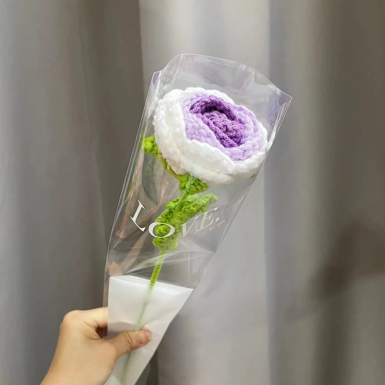 Wool-woven artificial silk rose bouquet in gradient blue colour with textured floral arrangement